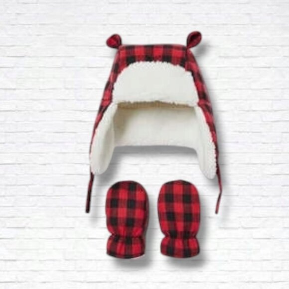 Joe Fresh Boys Red Buffalo Plaid Winter Trappers Hat and Mittens Size 12-24 M - Picture 1 of 9